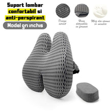 Încarcă imaginea în vizualizatorul Galerie, Perna ortopedica lombara cu pernuta extra-suport ajustabil, bretea prindere spatar, design ergonomic aerisit, model 4d, gri, 42 x 38 x 9 cm