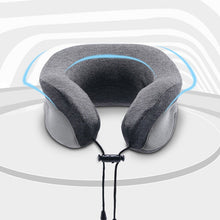 Încarcă imaginea în vizualizatorul Galerie, Perna de gat pentru calatorie din spuma cu memorie, saculet transport, dopuri pentru urechi si masca pentru ochi incluse, clema ajustabila, gri
